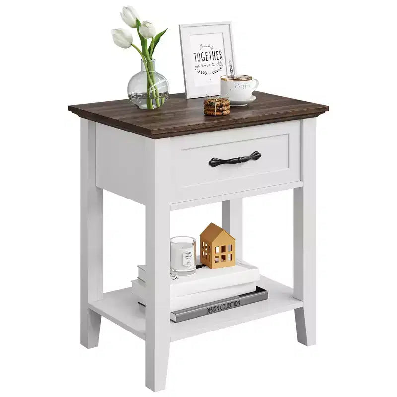 Mesita de noche con cajón de almacenamiento y estante abierto - Mesa auxiliar estilo rústico para dormitorio/sala de estar