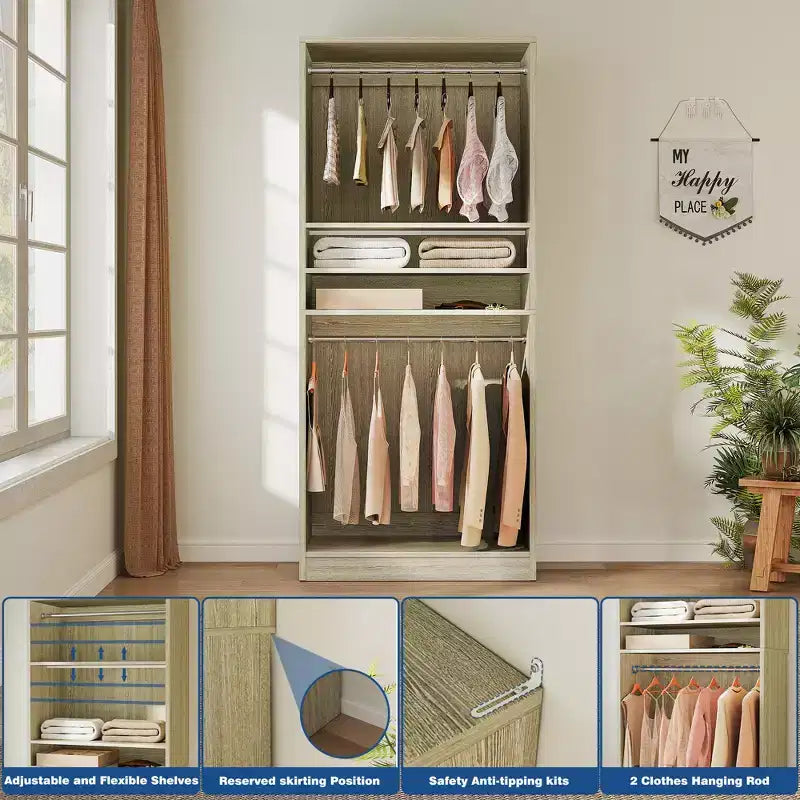 36 Zoll Holz-Kleiderschrank-Organizer mit verstellbaren Regalen, freistehender Kleiderschrank mit Kleiderstangen