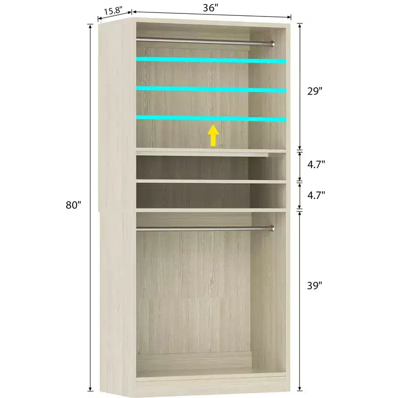 Organisateur de placard en bois 36 pouces avec étagères réglables, armoire autoportante avec barres de suspension