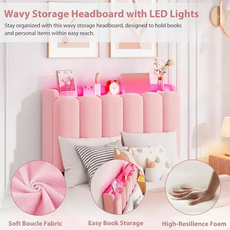 LED Twin-Bettgestell mit Stauraum-Kopfteil mit 2 Schubladen, schickes wellenförmiges Kopfteil mit Bücherregal, Matratzenunterlage aus Holz