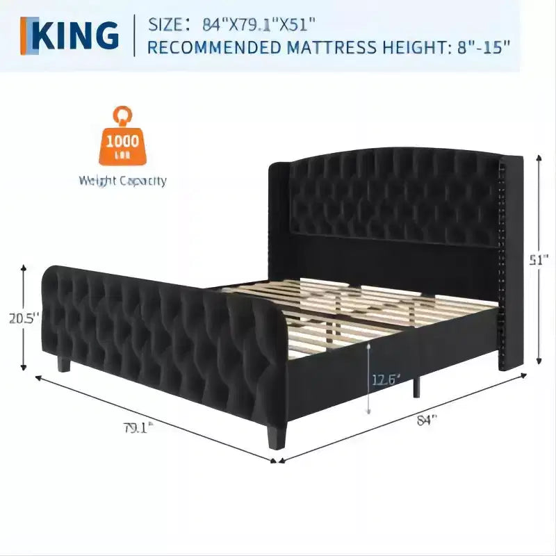 Diamond Button High-Back Upholstered Bed, Modern High Platform Bed Frame, Solid Wood with Soft and Comfortable Sponge Velvet, Bedroom Furniture