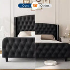 Diamond Button High-Back Upholstered Bed, Modern High Platform Bed Frame, Solid Wood with Soft and Comfortable Sponge Velvet, Bedroom Furniture