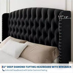 Diamond Button High-Back Upholstered Bed, Modern High Platform Bed Frame, Solid Wood with Soft and Comfortable Sponge Velvet, Bedroom Furniture