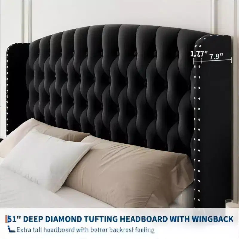 Diamond Button High-Back Upholstered Bed, Modern High Platform Bed Frame, Solid Wood with Soft and Comfortable Sponge Velvet, Bedroom Furniture