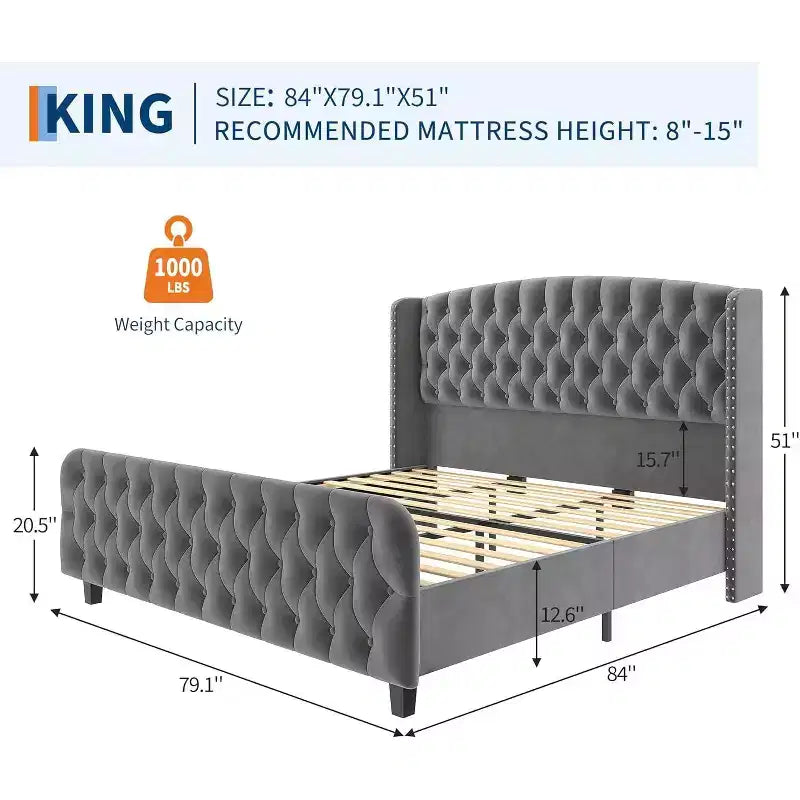 Diamond Button High-Back Upholstered Bed, Modern High Platform Bed Frame, Solid Wood with Soft and Comfortable Sponge Velvet, Bedroom Furniture