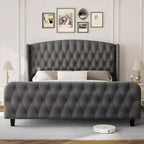 Diamond Button High-Back Upholstered Bed, Modern High Platform Bed Frame, Solid Wood with Soft and Comfortable Sponge Velvet, Bedroom Furniture
