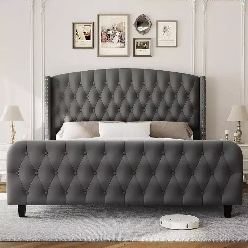 Diamond Button High-Back Upholstered Bed, Modern High Platform Bed Frame, Solid Wood with Soft and Comfortable Sponge Velvet, Bedroom Furniture