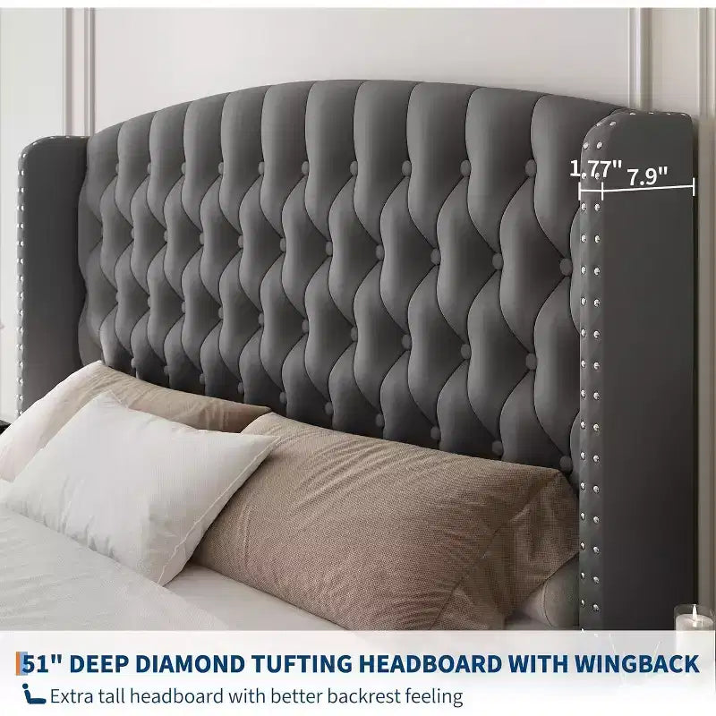 Diamond Button High-Back Upholstered Bed, Modern High Platform Bed Frame, Solid Wood with Soft and Comfortable Sponge Velvet, Bedroom Furniture