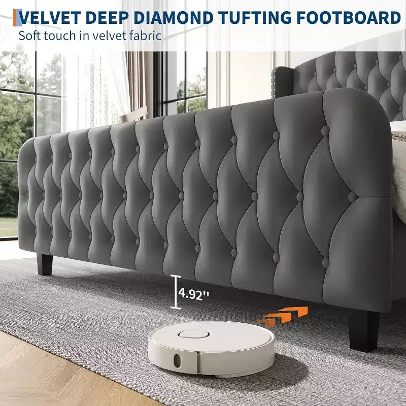 Diamond Button High-Back Upholstered Bed, Modern High Platform Bed Frame, Solid Wood with Soft and Comfortable Sponge Velvet, Bedroom Furniture