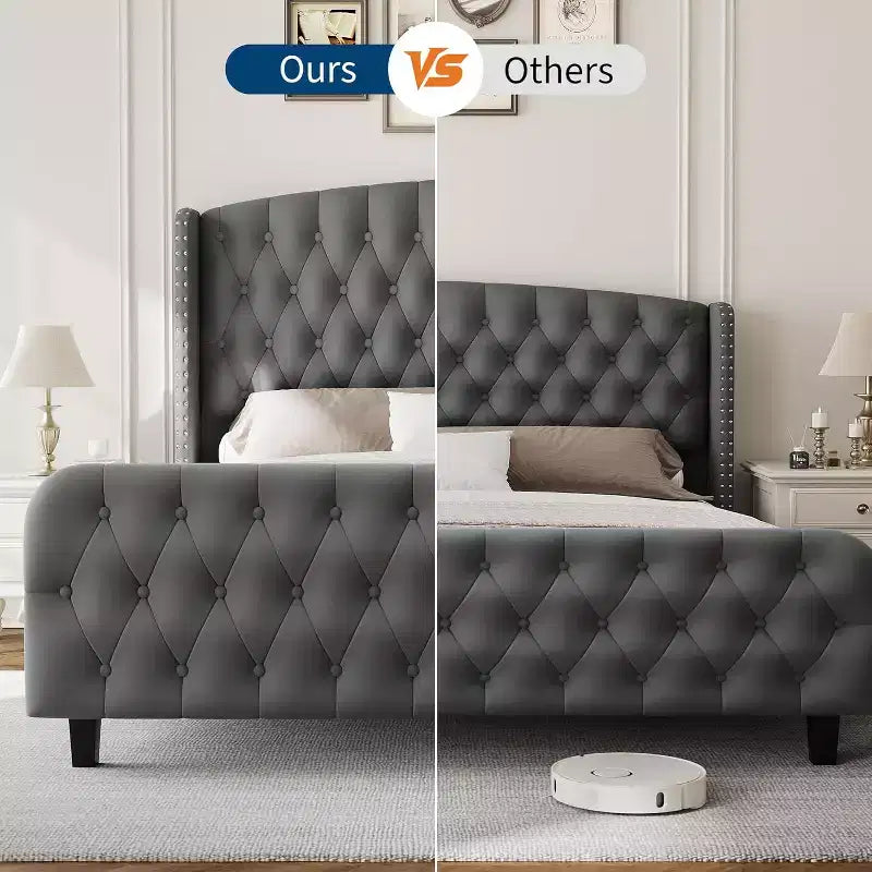 Diamond Button High-Back Upholstered Bed, Modern High Platform Bed Frame, Solid Wood with Soft and Comfortable Sponge Velvet, Bedroom Furniture