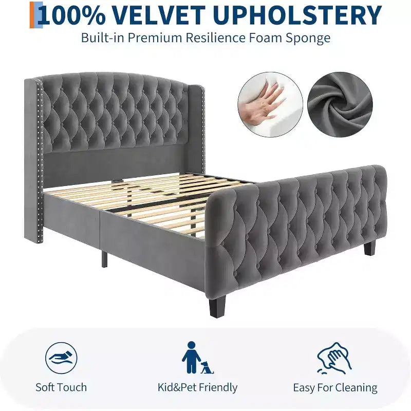 Diamond Button High-Back Upholstered Bed, Modern High Platform Bed Frame, Solid Wood with Soft and Comfortable Sponge Velvet, Bedroom Furniture