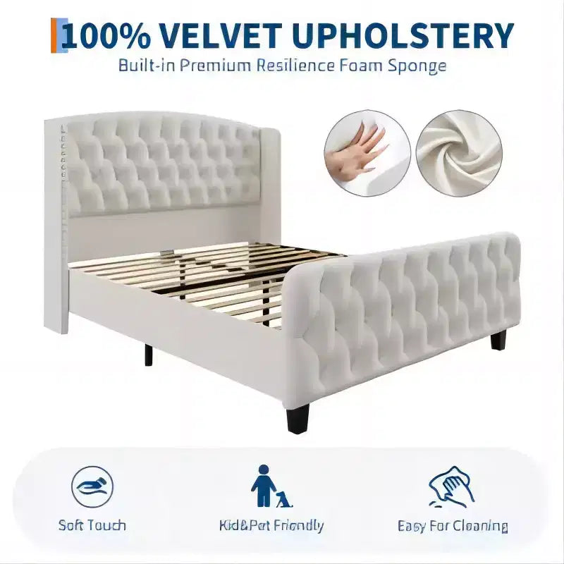 Diamond Button High-Back Upholstered Bed, Modern High Platform Bed Frame, Solid Wood with Soft and Comfortable Sponge Velvet, Bedroom Furniture