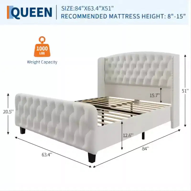 Diamond Button High-Back Upholstered Bed, Modern High Platform Bed Frame, Solid Wood with Soft and Comfortable Sponge Velvet, Bedroom Furniture