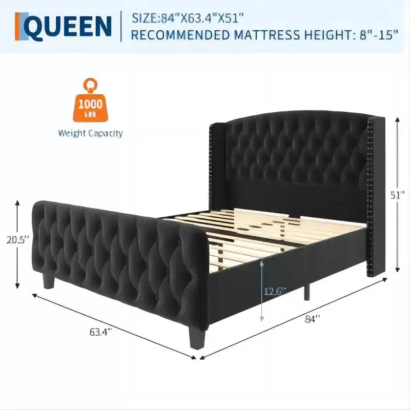 Diamond Button High-Back Upholstered Bed, Modern High Platform Bed Frame, Solid Wood with Soft and Comfortable Sponge Velvet, Bedroom Furniture