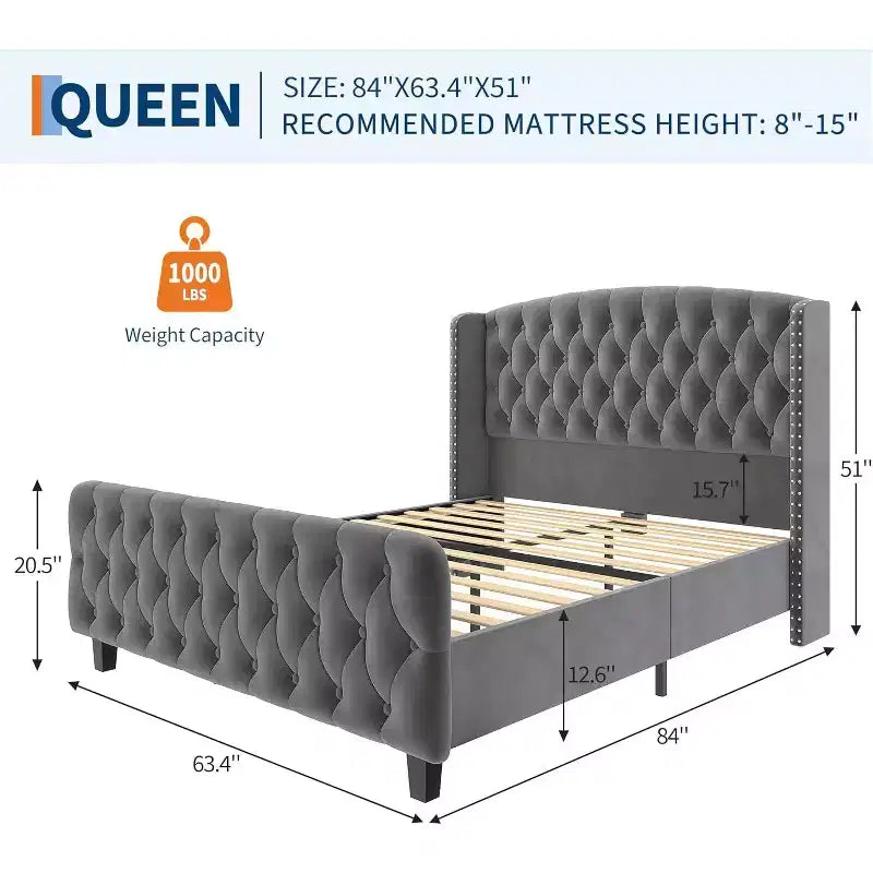Diamond Button High-Back Upholstered Bed, Modern High Platform Bed Frame, Solid Wood with Soft and Comfortable Sponge Velvet, Bedroom Furniture