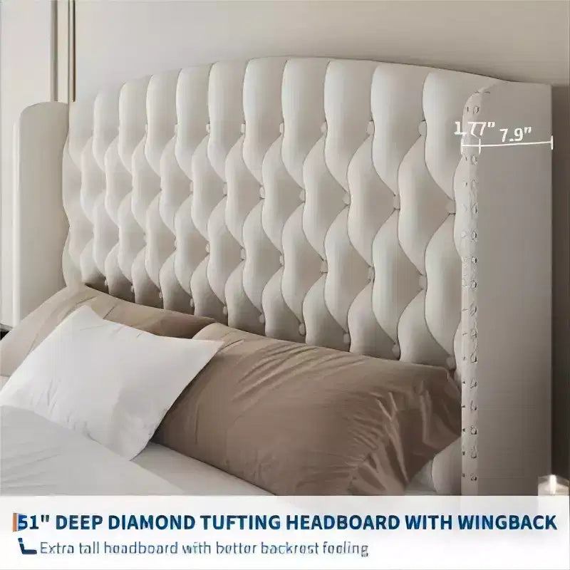 Diamond Button High-Back Upholstered Bed, Modern High Platform Bed Frame, Solid Wood with Soft and Comfortable Sponge Velvet, Bedroom Furniture