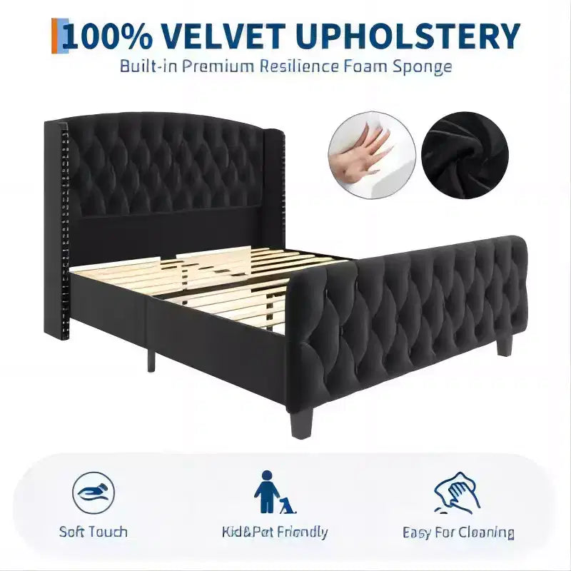 Diamond Button High-Back Upholstered Bed, Modern High Platform Bed Frame, Solid Wood with Soft and Comfortable Sponge Velvet, Bedroom Furniture