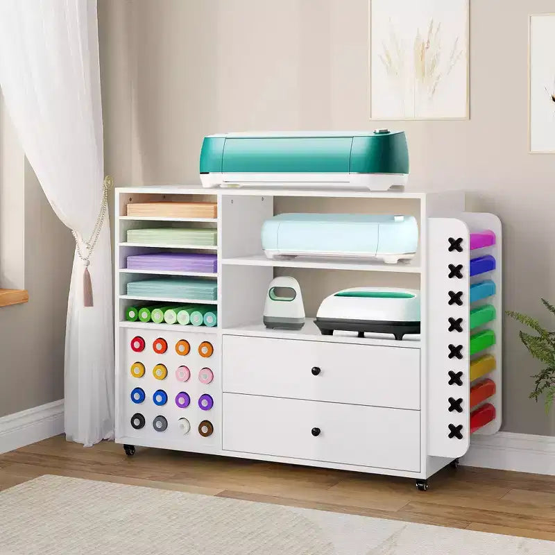 42 Zoll mobiler Bastelschrank mit Arbeitstisch, 2 große Schubladen & 24 Vinylrollenhalter, Organizerwagen für Studio & Bastelraum