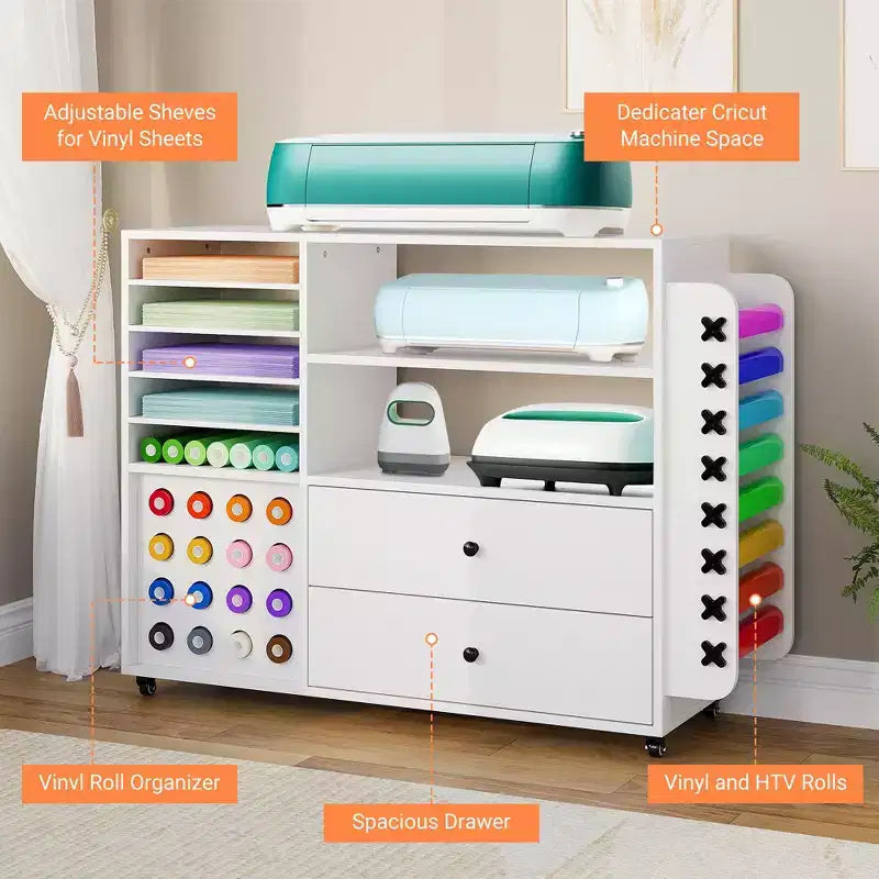 42 Zoll mobiler Bastelschrank mit Arbeitstisch, 2 große Schubladen & 24 Vinylrollenhalter, Organizerwagen für Studio & Bastelraum