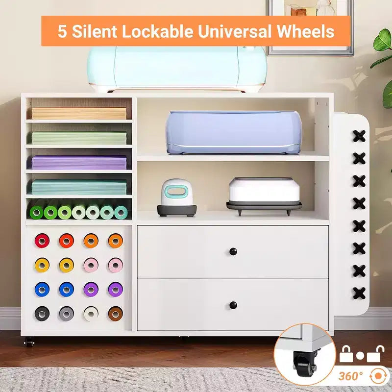 42 Zoll mobiler Bastelschrank mit Arbeitstisch, 2 große Schubladen & 24 Vinylrollenhalter, Organizerwagen für Studio & Bastelraum