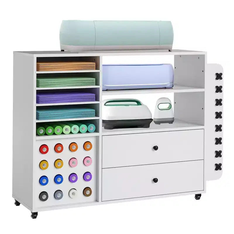 42 Zoll mobiler Bastelschrank mit Arbeitstisch, 2 große Schubladen & 24 Vinylrollenhalter, Organizerwagen für Studio & Bastelraum