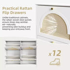 Narrow Design Tipping Bucket Shoe Cabinet with 4 Flip Drawers, Elegant Entryway Shoe Organizer with 4 Rattan Doors