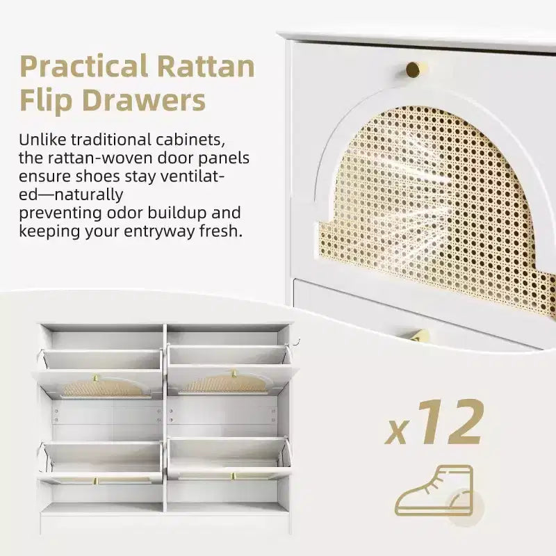 Narrow Design Tipping Bucket Shoe Cabinet with 4 Flip Drawers, Elegant Entryway Shoe Organizer with 4 Rattan Doors