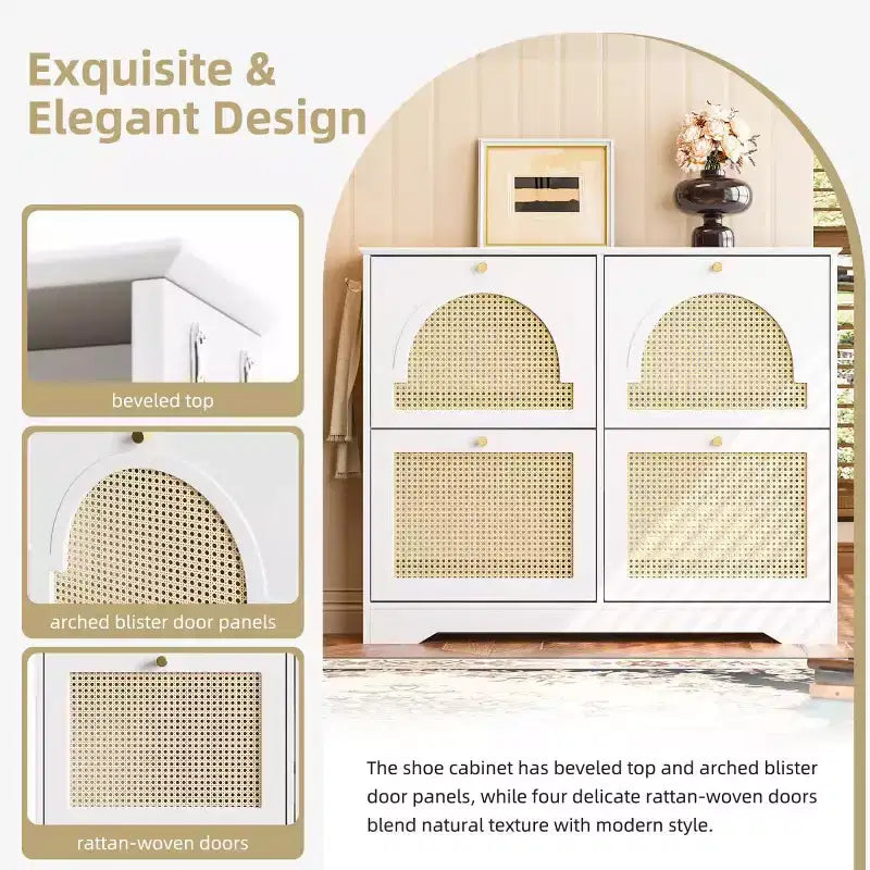 Narrow Design Tipping Bucket Shoe Cabinet with 4 Flip Drawers, Elegant Entryway Shoe Organizer with 4 Rattan Doors