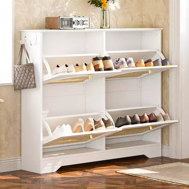 Narrow Design Tipping Bucket Shoe Cabinet with 4 Flip Drawers, Elegant Entryway Shoe Organizer with 4 Rattan Doors