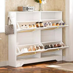 Narrow Design Tipping Bucket Shoe Cabinet with 4 Flip Drawers, Elegant Entryway Shoe Organizer with 4 Rattan Doors