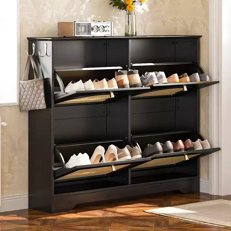 Narrow Design Tipping Bucket Shoe Cabinet with 4 Flip Drawers, Elegant Entryway Shoe Organizer with 4 Rattan Doors