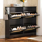 Narrow Design Tipping Bucket Shoe Cabinet with 4 Flip Drawers, Elegant Entryway Shoe Organizer with 4 Rattan Doors
