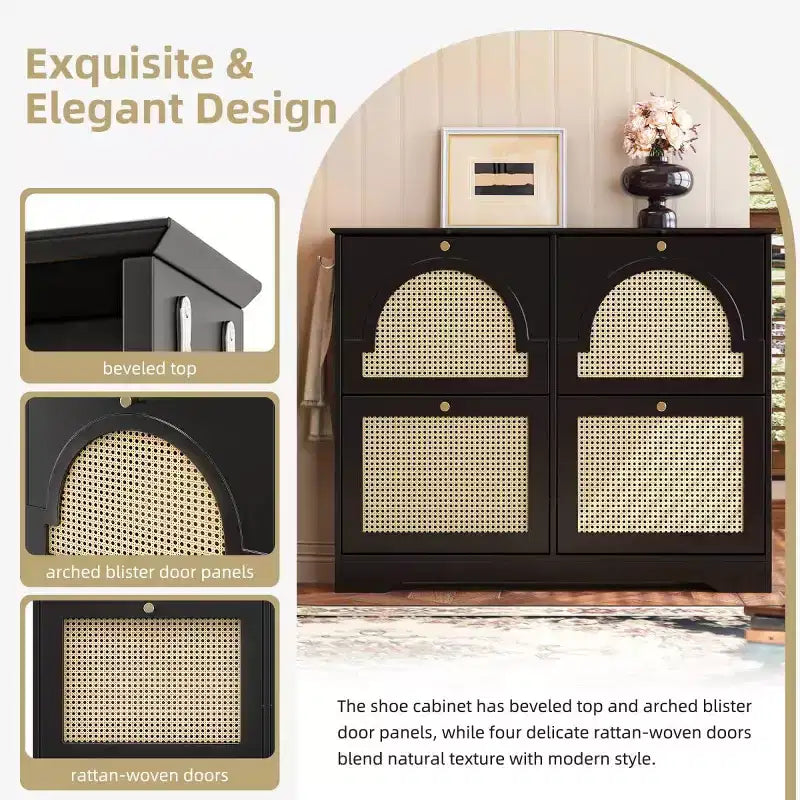 Narrow Design Tipping Bucket Shoe Cabinet with 4 Flip Drawers, Elegant Entryway Shoe Organizer with 4 Rattan Doors
