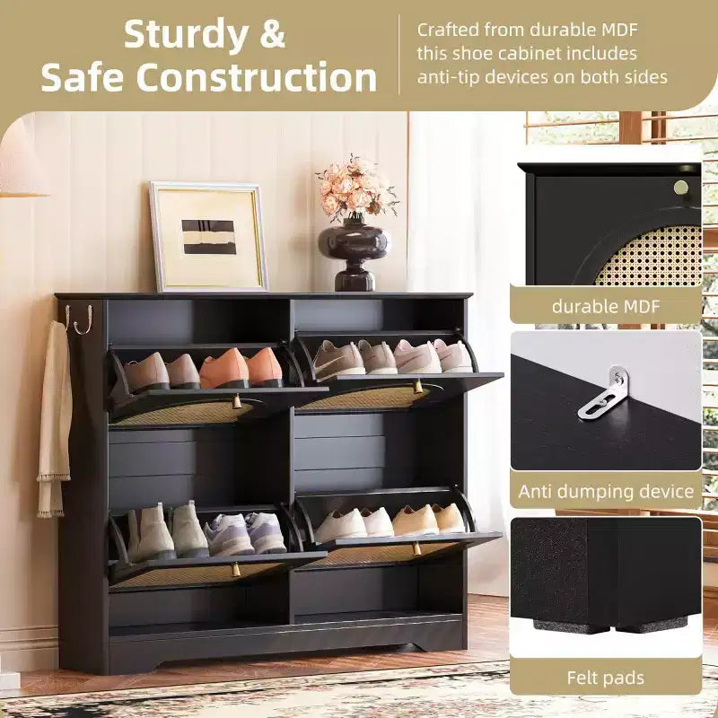 Narrow Design Tipping Bucket Shoe Cabinet with 4 Flip Drawers, Elegant Entryway Shoe Organizer with 4 Rattan Doors