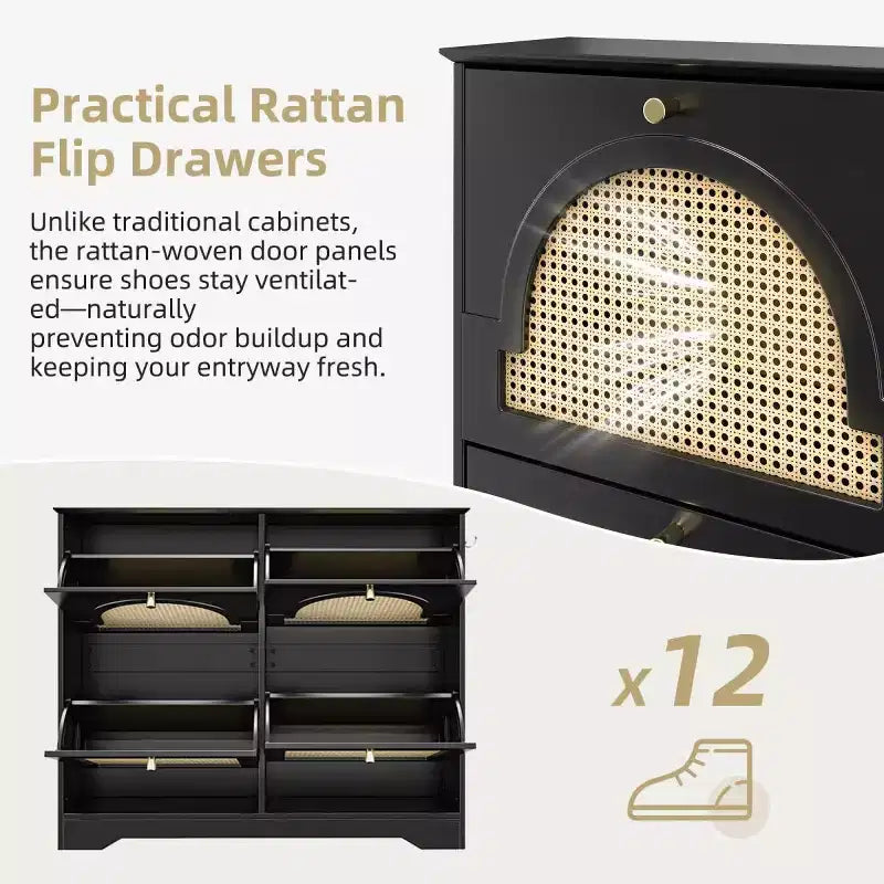 Narrow Design Tipping Bucket Shoe Cabinet with 4 Flip Drawers, Elegant Entryway Shoe Organizer with 4 Rattan Doors