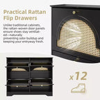 Narrow Design Tipping Bucket Shoe Cabinet with 4 Flip Drawers, Elegant Entryway Shoe Organizer with 4 Rattan Doors