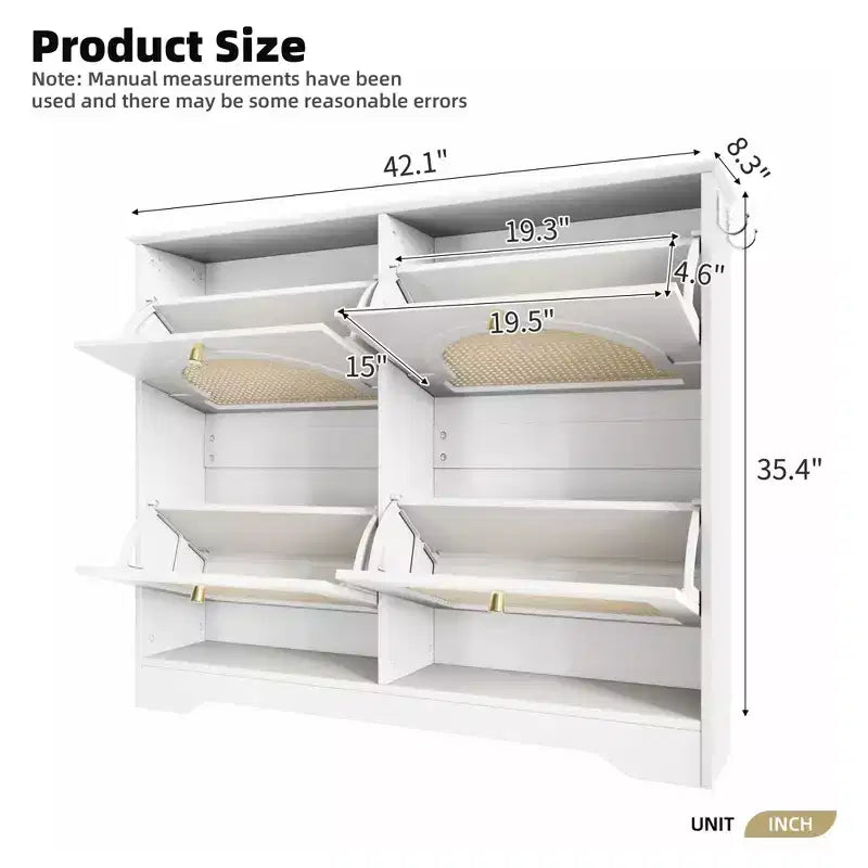 Narrow Design Tipping Bucket Shoe Cabinet with 4 Flip Drawers, Elegant Entryway Shoe Organizer with 4 Rattan Doors