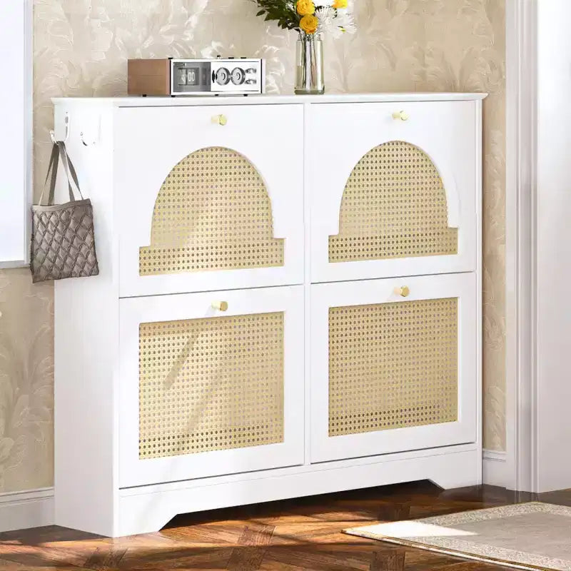Gabinete estrecho para zapatos con cubeta basculante y 4 cajones abatibles, organizador elegante para entrada con 4 puertas de ratán