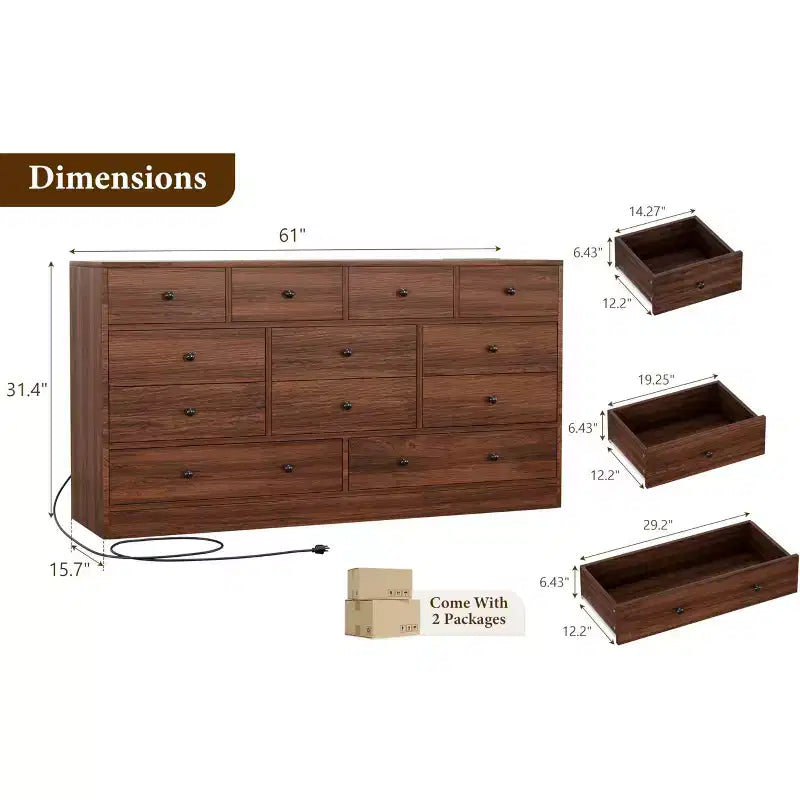 Kommode mit 12 Schubladen für Schlafzimmer, 61'' Moderne Kommode TV-Ständer mit Ladestation, Große Holzkommode für Kinderzimmer, Kleiderschrank, Wohnzimmer