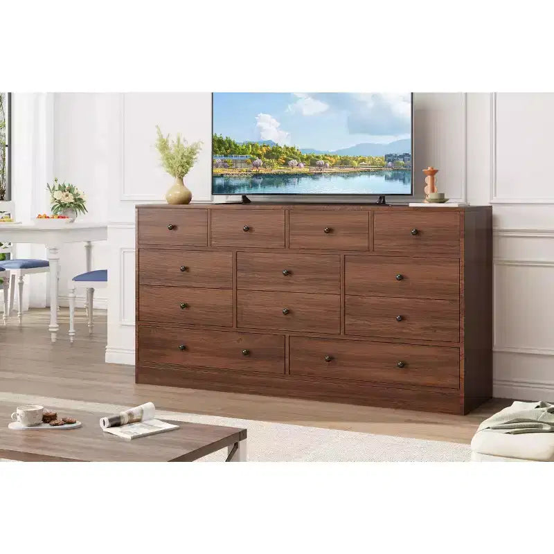 Kommode mit 12 Schubladen für Schlafzimmer, 61'' Moderne Kommode TV-Ständer mit Ladestation, Große Holzkommode für Kinderzimmer, Kleiderschrank, Wohnzimmer