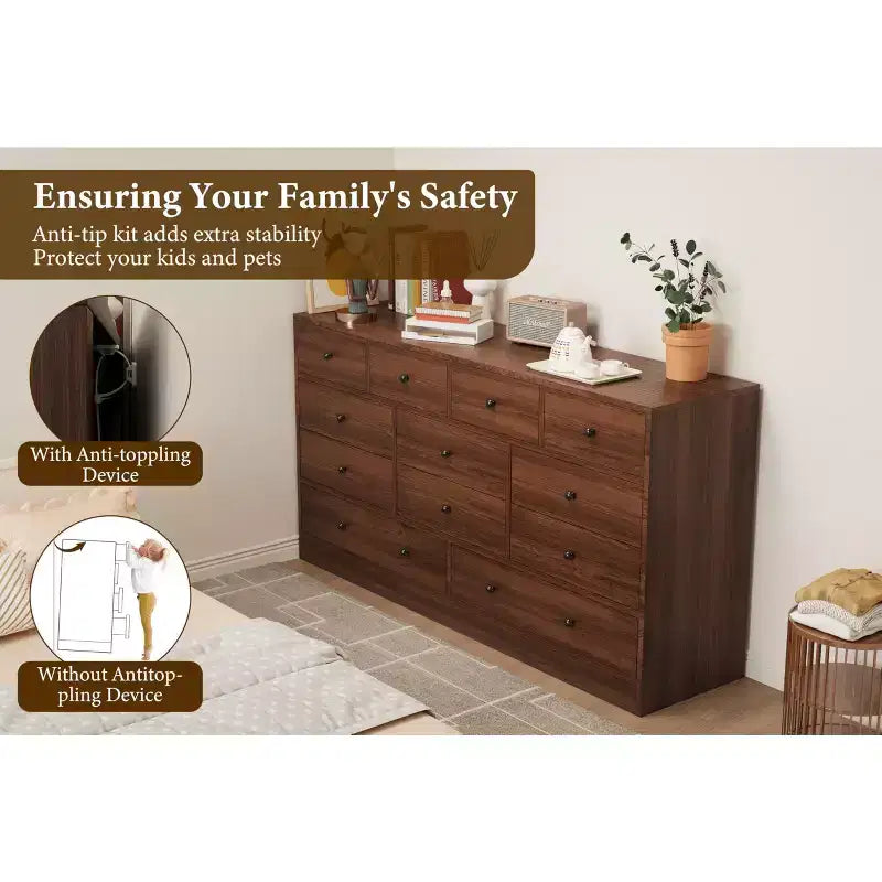 Kommode mit 12 Schubladen für Schlafzimmer, 61'' Moderne Kommode TV-Ständer mit Ladestation, Große Holzkommode für Kinderzimmer, Kleiderschrank, Wohnzimmer