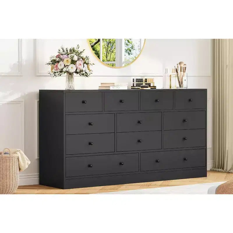Kommode mit 12 Schubladen für Schlafzimmer, 61'' Moderne Kommode TV-Ständer mit Ladestation, Große Holzkommode für Kinderzimmer, Kleiderschrank, Wohnzimmer