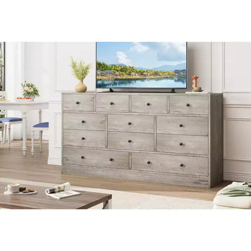 Kommode mit 12 Schubladen für Schlafzimmer, 61'' Moderne Kommode TV-Ständer mit Ladestation, Große Holzkommode für Kinderzimmer, Kleiderschrank, Wohnzimmer