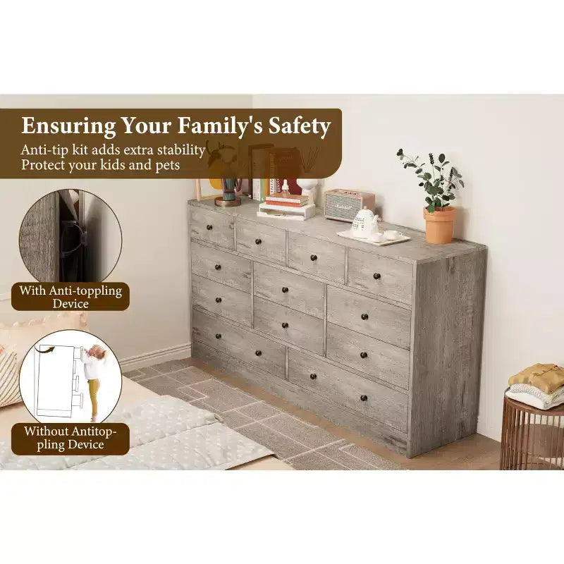 Kommode mit 12 Schubladen für Schlafzimmer, 61'' Moderne Kommode TV-Ständer mit Ladestation, Große Holzkommode für Kinderzimmer, Kleiderschrank, Wohnzimmer