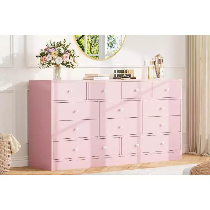 Kommode mit 12 Schubladen für Schlafzimmer, 61'' Moderne Kommode TV-Ständer mit Ladestation, Große Holzkommode für Kinderzimmer, Kleiderschrank, Wohnzimmer