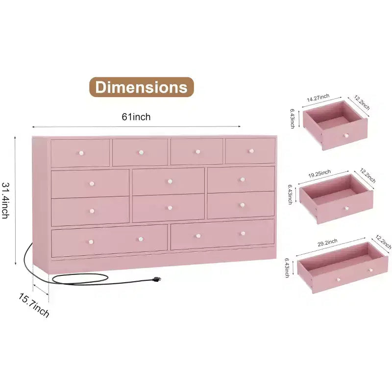 Kommode mit 12 Schubladen für Schlafzimmer, 61'' Moderne Kommode TV-Ständer mit Ladestation, Große Holzkommode für Kinderzimmer, Kleiderschrank, Wohnzimmer