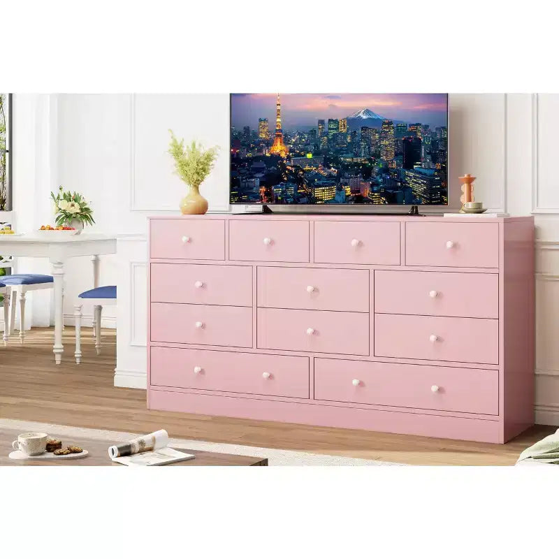 Kommode mit 12 Schubladen für Schlafzimmer, 61'' Moderne Kommode TV-Ständer mit Ladestation, Große Holzkommode für Kinderzimmer, Kleiderschrank, Wohnzimmer