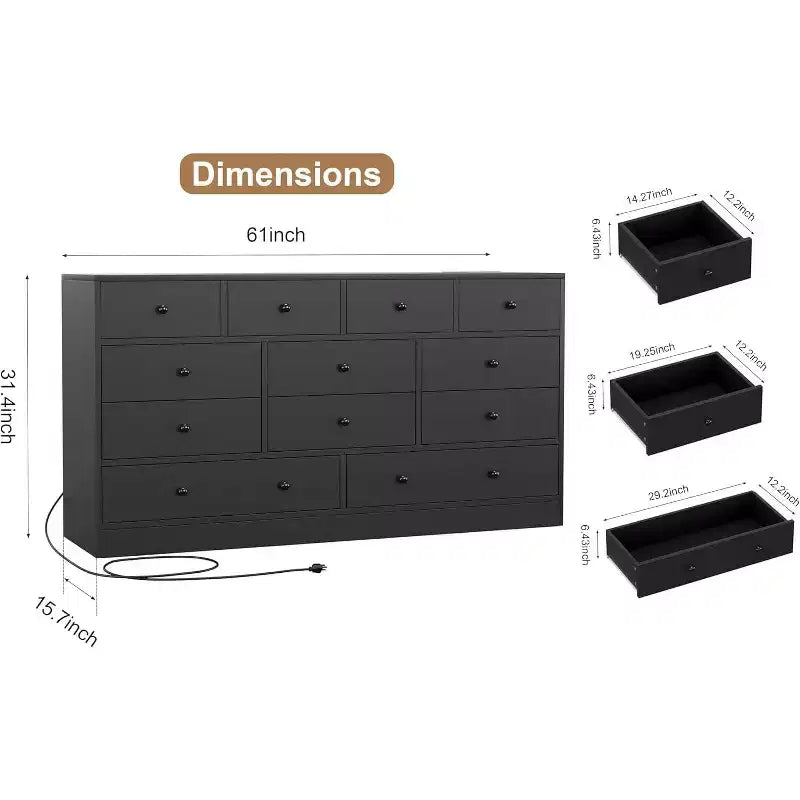 Kommode mit 12 Schubladen für Schlafzimmer, 61'' Moderne Kommode TV-Ständer mit Ladestation, Große Holzkommode für Kinderzimmer, Kleiderschrank, Wohnzimmer