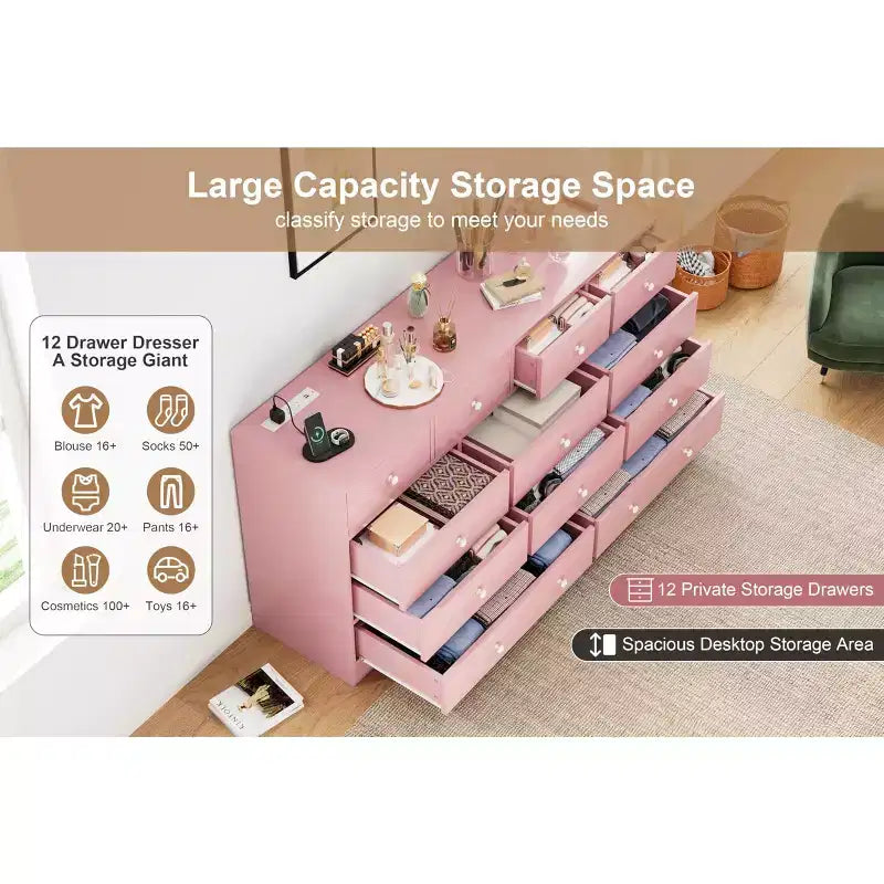 Kommode mit 12 Schubladen für Schlafzimmer, 61'' Moderne Kommode TV-Ständer mit Ladestation, Große Holzkommode für Kinderzimmer, Kleiderschrank, Wohnzimmer