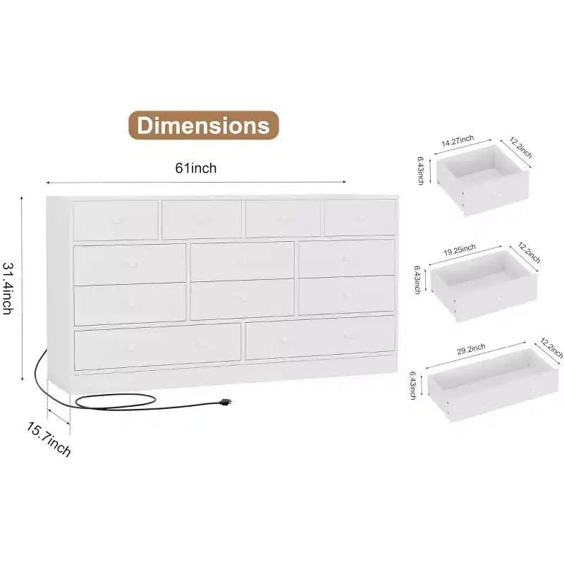 Kommode mit 12 Schubladen für Schlafzimmer, 61'' Moderne Kommode TV-Ständer mit Ladestation, Große Holzkommode für Kinderzimmer, Kleiderschrank, Wohnzimmer